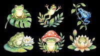 Cute frogs and toads collection isolated on transparent background. Six charming amphibian characters with botanical elements, ready for t-shirt designs, stickers, clipart, and print-on-demand products.