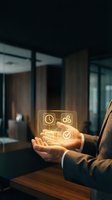 Businessman in formal suit holding glowing holographic interface with productivity icons including clock, gear, and checkmark symbols in modern office environment for business technology concepts.