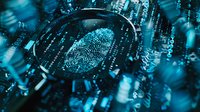 Digital fingerprint scan on circuit board background with magnifying glass in cyan blue tones, representing cybersecurity and biometric authentication technology.