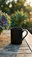 Black coffee mug on rustic wooden table with succulent plant in warm morning sunlight creating peaceful outdoor lifestyle moment for relaxation and mindfulness.