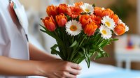 Fresh spring bouquet with vibrant orange tulips and white daisies held in feminine hands against soft blurred background, natural daylight creates warm atmosphere.