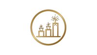 Golden growth chart icon with plants sprouting from bar graph columns showing business development and organic progress in circular frame.