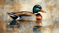 Male mallard duck swimming in calm water against abstract textured background with muted earth tones and reflections creating artistic wildlife scene.