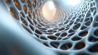 Abstract futuristic tunnel with organic cellular structure and glowing light at end creates depth and movement through curved honeycomb-like patterns in blue tones.