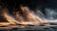 Magical golden dust particles swirling over dark water surface, creating ethereal light trails against black background.