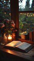 Open book on wooden windowsill with glowing candle, pink roses in vase, and string lights visible through window creating cozy evening atmosphere for reading.