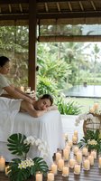 Asian female massage therapist performing relaxing spa treatment on Caucasian woman client in tropical wellness pavilion with candles and lush greenery.