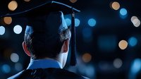Back view of graduate in cap with tassel against blurred bokeh lights at night ceremony.