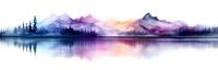 Tranquil mountain lake panorama with misty forest silhouettes reflecting in calm water at sunrise, purple and orange sky creates dreamy atmosphere. Watercolor style landscape.