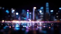 Digital technology concept with glowing data visualization and bokeh city lights background for business analytics and financial presentations.