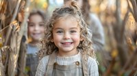 Cheerful young girl with curly blonde hair wearing casual autumn outfit smiling outdoors among golden reeds during sunset, perfect for family lifestyle, childhood, and seasonal advertising.