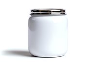 White ceramic jar with metal lid on white background, minimalist kitchen storage container isolated for product mockup and packaging design applications.