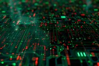 Glowing green and red circuit board paths create futuristic technology pattern with depth of field effect, highlighting electronic connections and digital infrastructure.