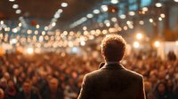 Business speaker addressing large audience at corporate conference with warm stage lighting and bokeh background for presentations and events.