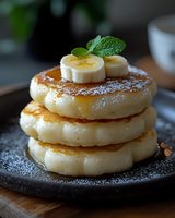 Fluffy stacked pancakes topped with fresh banana slices and mint leaves, dusted with powdered sugar on dark plate. Close-up food photography with natural lighting.