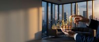 Businessman in dark suit holding glowing financial chart above desk with city skyline view through floor-to-ceiling windows at sunset, representing growth, investment, and corporate success.