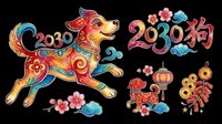 Colorful lunar new year 2030 dog zodiac clipart set, isolated on transparent background, ready for stickers, t-shirt design, print on demand, and sublimation.