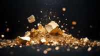 Shimmering gold nuggets and dust scattered on dark background with magical glowing particles and bokeh effect creating luxury precious metal composition.