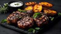 Grilled pork medallions with charred marks served on black slate with roasted potatoes, fresh herbs and creamy sauce, dark moody food photography.