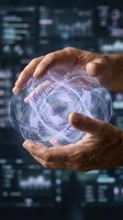 Hands protecting glowing digital sphere with network connections representing data security, artificial intelligence and futuristic technology innovation.