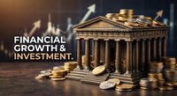 Financial growth and investment concept with classical bank building surrounded by golden coins and rising chart arrows in background.