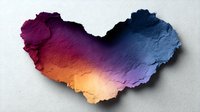 Vibrant gradient watercolor paint splash with torn paper edges in purple, blue, orange and pink hues on white background for creative design projects.