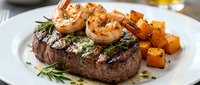 Grilled steak topped with seared shrimp, roasted potatoes, and fresh rosemary garnish on white plate for fine dining and restaurant menus.