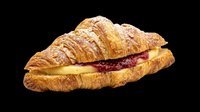 Freshly baked croissant with jam filling, isolated on transparent background. Ready for bakery menus, food packaging, recipe blogs, print-on-demand products, and culinary design projects.