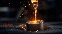Glowing golden liquid pours into dark container creating magical splash effect with floating sparkles and particles against black background. Food photography concept.