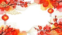 Traditional red lanterns and plum blossoms frame with golden ornaments for lunar new year celebration background design.