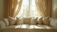 Sunlit cream sofa with plush throw pillows against window with sheer curtains creating soft natural lighting and cozy atmosphere in modern living room interior.