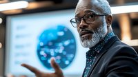 Senior African American businessman with glasses and gray beard gesturing during corporate presentation, wearing polka dot shirt and blazer against blurred office background.