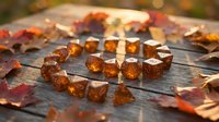 Amber gemstones scattered on rustic wooden surface with autumn leaves creating warm seasonal jewelry display for crafting and design projects.