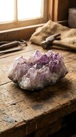 Purple amethyst crystal cluster on rustic wooden table in warm sunlit room with cozy blanket and books creating peaceful meditation space.