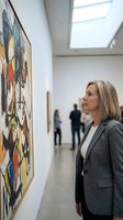 Middle-aged Caucasian woman in gray business suit contemplating abstract colorful artwork in modern art gallery with white walls and natural lighting.