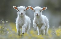Two playful white baby lambs jumping together in spring meadow with yellow wildflowers and soft bokeh background, showing pure joy and innocence.