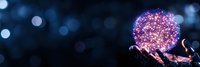 Magical glowing sphere with pink and purple sparkles floating above hands against dark blue bokeh background, mystical fantasy concept.