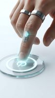 Close-up of male hand wearing silver rings scanning fingerprint on futuristic biometric device with glowing turquoise light for security authentication.