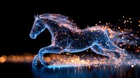 Magical glowing horse silhouette galloping through sparkling blue particles and light trails against dark background, creating ethereal motion effect.