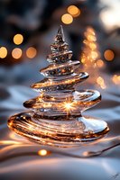 Crystal spiral tree shape with golden bokeh lights and magical glow effects on blurred winter background, creating festive holiday atmosphere.