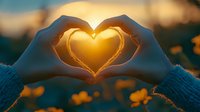 Hands forming heart shape with golden sunset light shining through, creating warm glow against blurred nature background with bokeh effect.