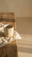 Ceramic mug with organic glaze on linen cloth atop rustic wooden surface, bathed in warm natural sunlight, suitable for home decor and lifestyle content.