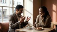 Professional business meeting between diverse colleagues discussing project over coffee in modern office cafe setting with natural window lighting.