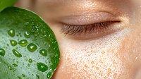 Fresh green cucumber with water drops next to glowing skin with moisturizing particles, beauty and skincare concept showing natural cosmetic ingredients.