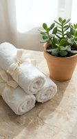 Spa wellness setup with rolled white towels tied with cream ribbon and succulent plant in terracotta pot on marble surface for relaxation and self-care.