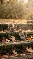 Two grey squirrels on mossy stone steps surrounded by fallen autumn leaves in a sunlit park, capturing wildlife in a warm fall season.