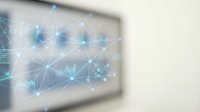 Digital network connections with glowing nodes and data visualization on blurred computer screen background for technology presentations.