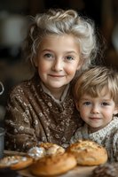 Young siblings in cozy knit sweaters share warm smiles while baking fresh pastries together in rustic kitchen setting. Heartwarming family moment captures childhood joy.