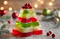 Festive layered jelly dessert in Christmas colors topped with fresh cranberries, arranged in pyramid shape against blurred holiday lights and pine branches.