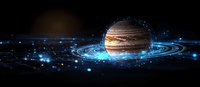 Jupiter planet with glowing rings and cosmic dust in dark space, surrounded by bright blue nebula particles and stars against black background.